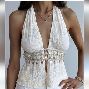 SHEIN Y2K Sequin Deep V Neck Backless Shells Top Party Concert Halter Top Small